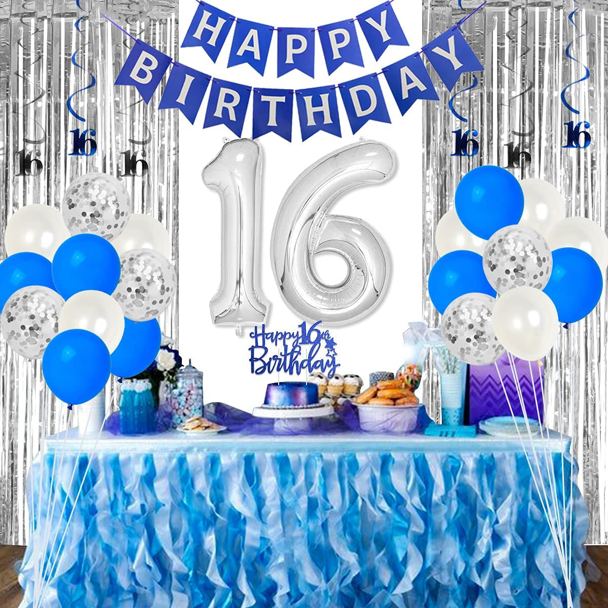 Blue and Silver 16th Birthday Decorations for Boys Girls Sweet Sixteen Birthday Party Supplies Blue Happy Birthday Banner Cake Topper Fringe Curtain Hanging Swirls - Walmart.com
